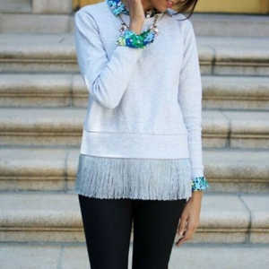 J Crew‎ Size XS Gray Silver Fringe Hem Crewneck Zip Back Sweatshirt Style E4354